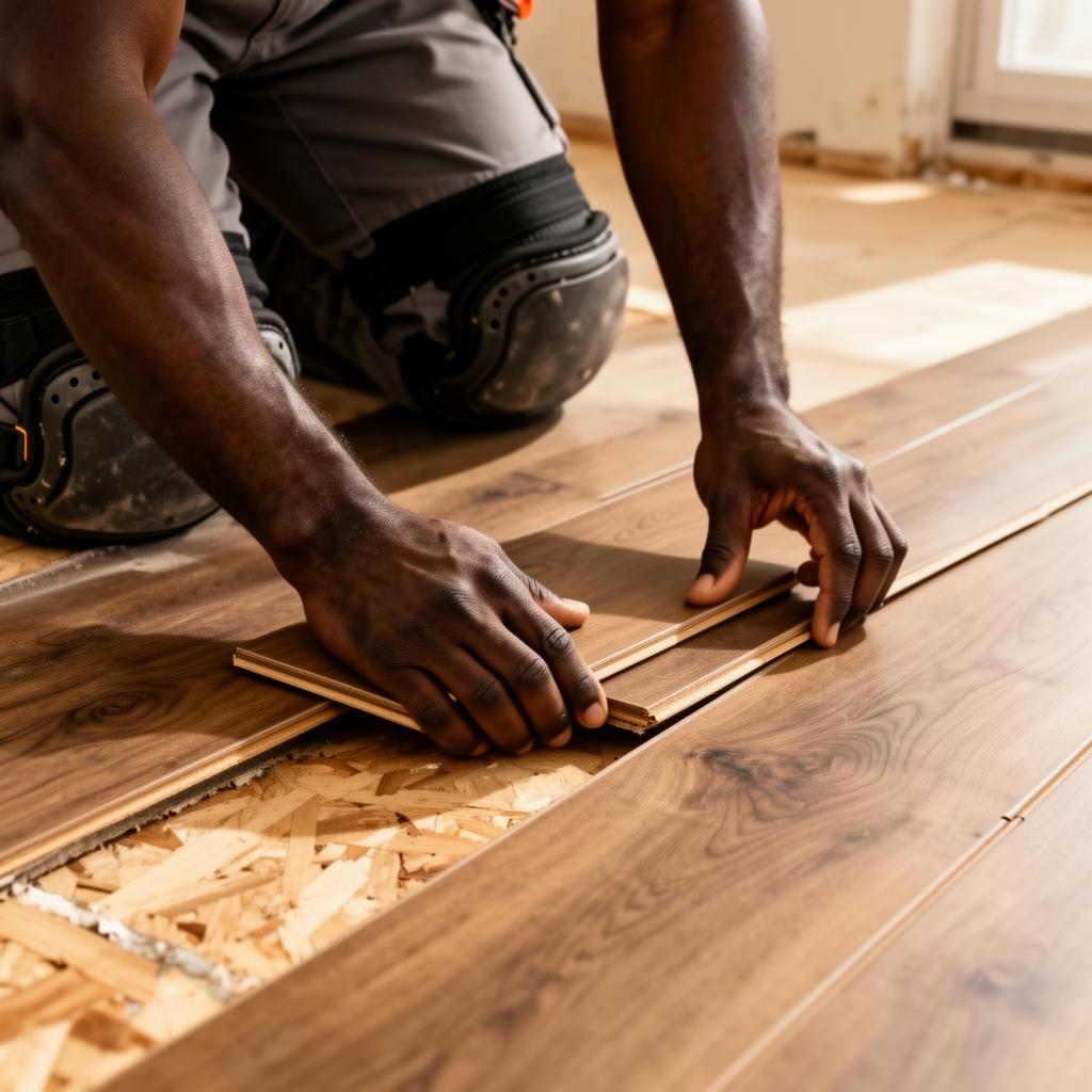 Carpet City One installer at work on luxury vinyl plank